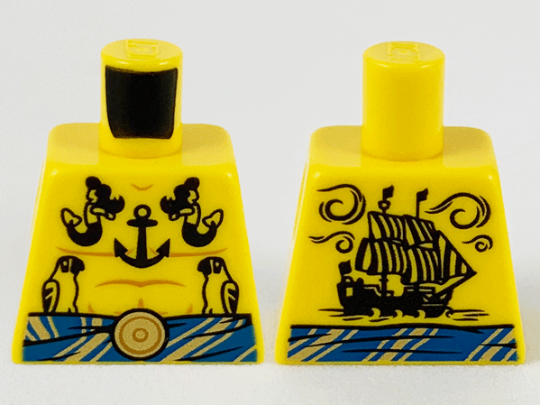 Lego Torso Pirate Bare Chest with Muscles Outline, Blue Sash with Gold Stripes and Clasp, Black Anchor, Mermaids, Parrots, and Ship Tattoos Pattern / Yellow