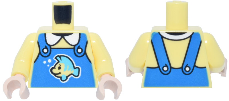 Lego Torso Blue Overalls with Little Mermaid Flounder and White Buttons and Collar Pattern / Bright Light Yellow Arms / Light Nougat Hands