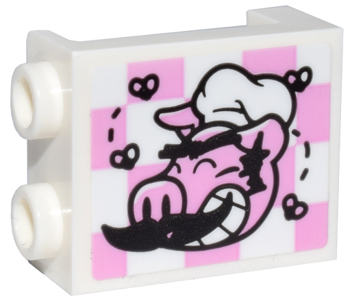 Lego Panel 1 x 2 x 2 with Side Supports - Hollow Studs with Pigsy Head, Moustache, and Flies on Bright Pink and White Checkered Pattern (Sticker) - Set 80036 / White