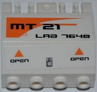 Lego Panel 2 x 4 x 3 1/3 with Double Locking 2 Fingers Hinge with 'MT21', 'LAB 7648', Orange Triangles and 'OPEN' Pattern Model Left Side (Stickers) - Set 7648 / White