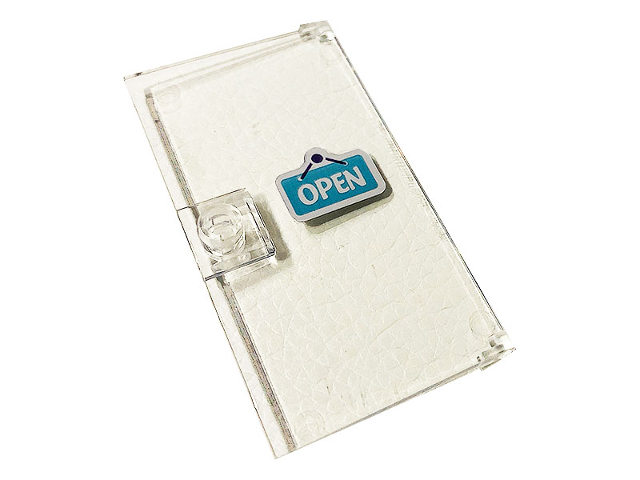Lego Door 1 x 4 x 6 with Stud Handle with Silver 'OPEN' on Medium Azure Sign Pattern (Sticker) - Set 41391 / Trans-Clear