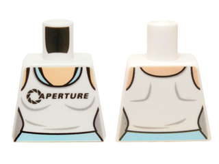 Lego Torso Female Outline, White Tank Top with 'APERTURE' over Bright Light Blue Tank Top Pattern / White