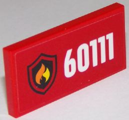 Lego Tile 2 x 4 with White '60111' and Fire Logo on Red Background Pattern (Sticker) - Set 60111