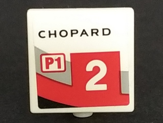 Lego Road Sign 2 x 2 Square with Open O Clip with 'CHOPARD', 'P1' and Number 2 Pattern Model Left Side (Sticker) - Set 75887