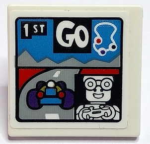 Lego Road Sign 2 x 2 Square with Open O Clip with Race Car, Track Outline, Gamer Minifigure, '1ST' and 'GO' Pattern (Sticker) - Set 70436 / White