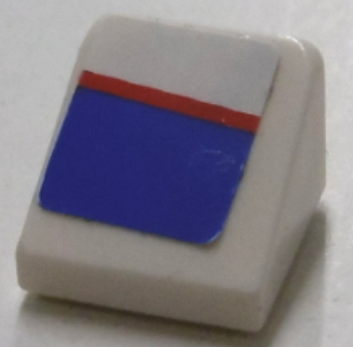 Lego Slope 30 1 x 1 x 2/3 with Red Line on Blue and White Pattern Model Left Side (Sticker) - Set 8125 / White