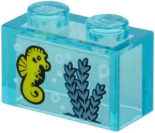 Lego Brick 1 x 2 without Bottom Tube with Yellow Seahorse and Sand Blue Seagrass on Transparent Background Pattern (Sticker) - Set 60266 / Trans-Light Blue