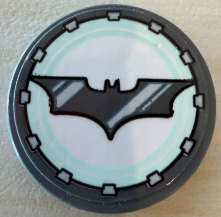 Lego Tile, Round 3 x 3 with Bat with Stripes on Wings, Clasps and Light Aqua Circles on White Background Pattern (Sticker) - Set 76303