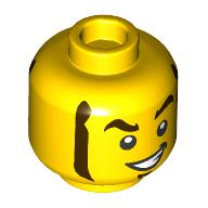 Lego Minifig Head Rocket Racer, Dark Brown Eyebrows, Goatee, and Sideburns, Open Mouth Smile / Wink Print / Yellow