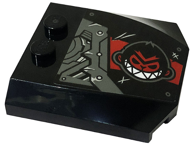 Lego Wedge 4 x 4 x 2/3 Triple Curved with Dark Bluish Gray and Red Armor Plates, Rivets, Monkey Head and Scratches Pattern Model Right Side (Sticker) - Set 80034 / Black