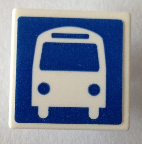 Lego Road Sign 2 x 2 Square with Open O Clip with White Bus on Blue Background Pattern (Sticker) - Set 40170 / White