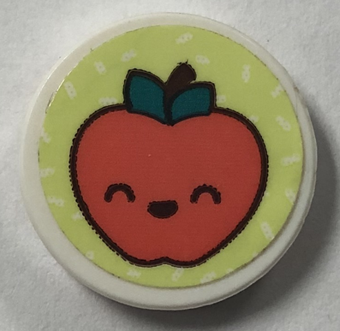 Lego Tile, Round 2 x 2 with Bottom Stud Holder with Coral Apple with Face on Yellowish Green Background Pattern (Sticker) - Set 41926