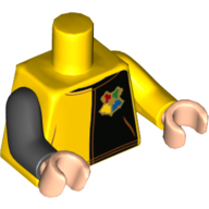 Lego Torso, Odd Arms, Tunic, Black on Left with Hogwarts Crest / Red 'Diggory' and Star on Back Print, Left Yellow Arm, Right Black Arm, Light Nougat Hands / Yellow