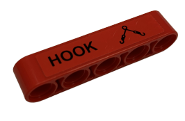 Lego Technic, Liftarm Thick 1 x 5 with Lifting Hook and 'HOOK' Pattern (Sticker) - Set 9396 / Red