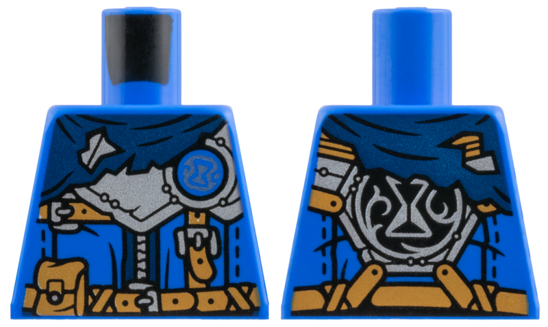 Lego Torso Dark Blue Tattered Scarf, Silver Armor, Buckles, and Zipper, Metallic Light Blue Hourglass, Medium Nougat Belts and Pouch Pattern / Blue