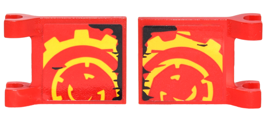 Lego Flag 2 x 2 Square with Flat Edge with Yellow Gear on Red Background and Black Ripped Edge Pattern on Both Sides (Stickers) - Set 70626
