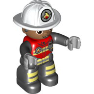Lego Duplo Figure with Helmet White, Black Legs, Safety Jacket with Reflective Stripes, Green Eyes, Stubble Print (Firefighter) / Red
