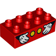 Lego Duplo Brick 2 x 4 with Two Yellow Spots and Two Hands with White Gloves Print / Red