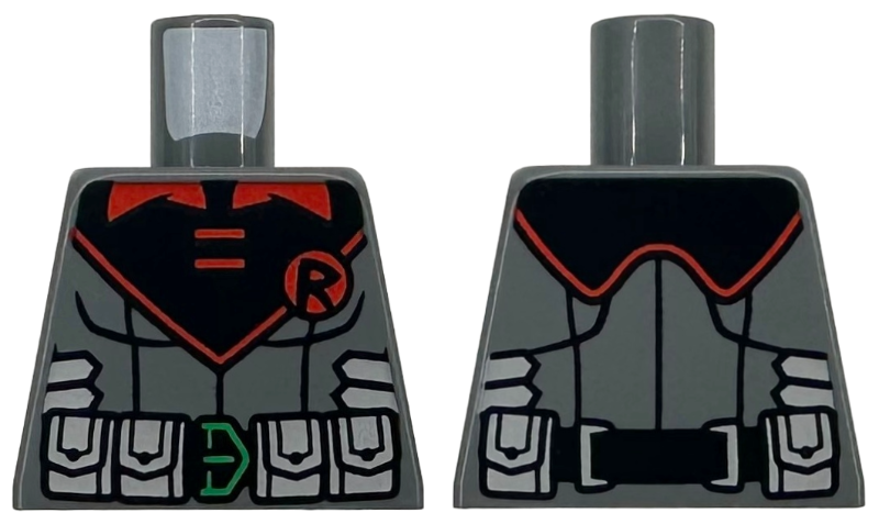 Lego Torso with Red Collar, Letter 'R' in Circle Emblem, Black Utility Belt with Light Bluish Gray Pouches and Green Buckle Pattern / Dark Bluish Gray