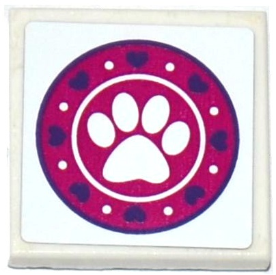 Lego Tile 2 x 2 with Dark Purple Hearts, White Paw Print and Dots in Magenta Circle Pattern (Sticker) - Set 41124 / White