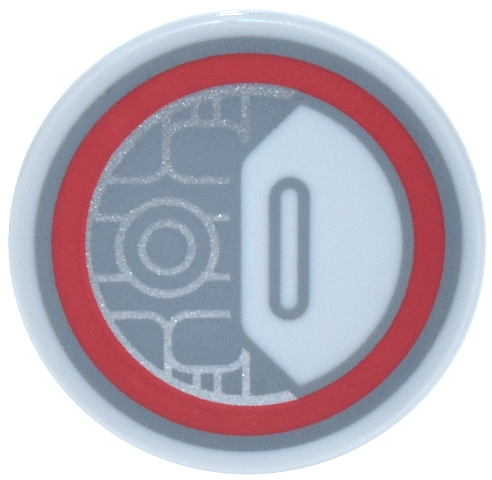 Lego Tile, Round 2 x 2 with Bottom Stud Holder with Dark Bluish Gray and Silver Circuit Board and Slot, Red Circle Pattern / Light Bluish Gray