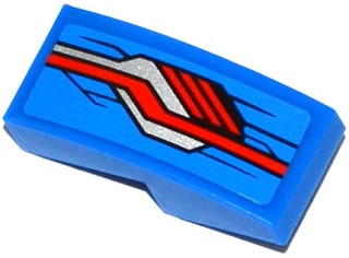 Lego Slope, Curved 2 x 1 x 2/3 with Red, Silver and Black Stripes Pattern Model Right Side (Sticker) - Set 76028 / Blue