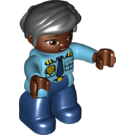 Lego Duplo Figure with Thick Short Hair Combed over Forehead and Bun Black, with Dark Blue Legs, Shirt with Gold Police Badge and Dark Blue Tie Print / Medium Azure