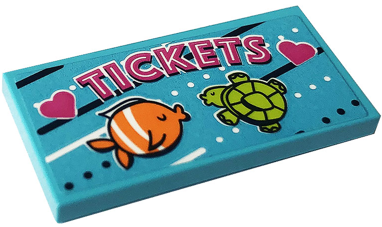 Lego Tile 2 x 4 with 'TICKETS', Hearts, Fish and Turtle Pattern (Sticker) - Set 41337 / Medium Azure