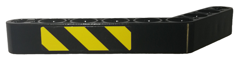 Lego Technic, Liftarm, Modified Bent Thick 1 x 9 (6 - 4) with Black and Yellow Danger Stripes Pattern Model Left Side (Sticker) - Set 9397 / Black