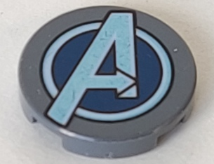 Lego Tile, Round 2 x 2 with Bottom Stud Holder with Dark Blue and Metallic Light Blue Avengers Logo Pattern