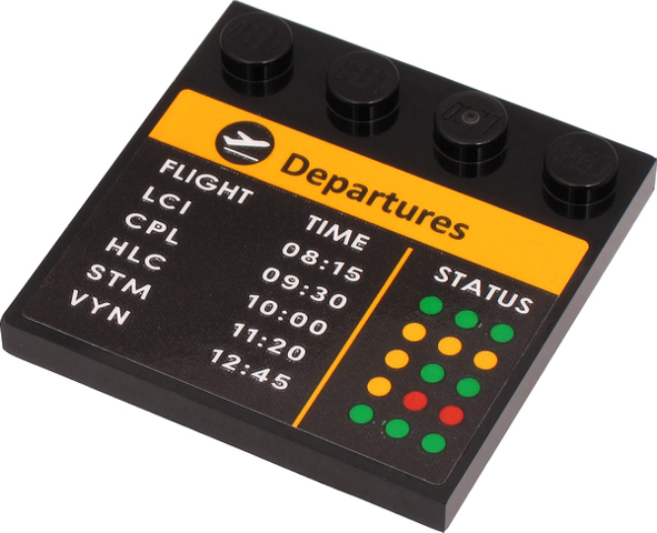 Lego Tile, Modified 4 x 4 with Studs on Edge with 'Departures', 'FLIGHT', 'TIME', 'STATUS' and Flight Schedule Pattern (Sticker) - Set 60262