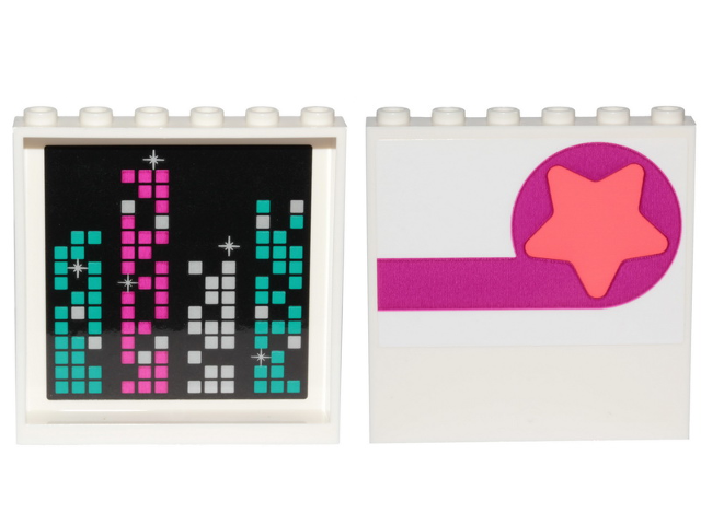 Lego Panel 1 x 6 x 5 with Coral Star on Magenta Circle and Stripe on Outside and Dark Turquoise, Magenta and White Squares on Inside Pattern (Stickers) - Set 70828 / White