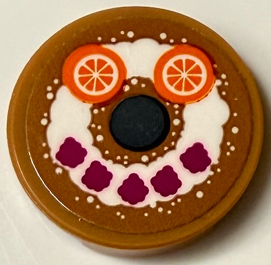Lego Tile, Round 2 x 2 with Bottom Stud Holder with Cake with Smiley Face, White Frosting, Magenta Raspberries and Orange Slices Pattern (Sticker) - Set 43231