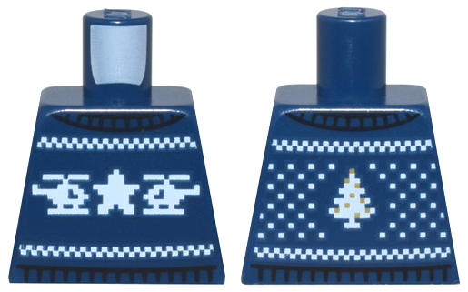 Lego Torso Knit Fair Isle Holiday Sweater with White Police Star Logo, Helicopters, and Christmas Tree Pattern / Dark Blue