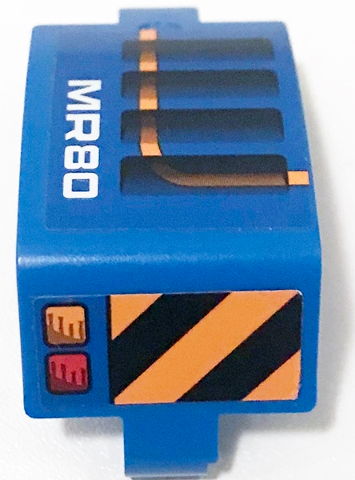 Lego Technic, Panel Curved 3 x 5 x 3 with White 'MR80', Black and Orange Danger Stripes, Air Vent, Stripe and Taillights Pattern Model Left Side (Sticker) - Set 42071 / Blue