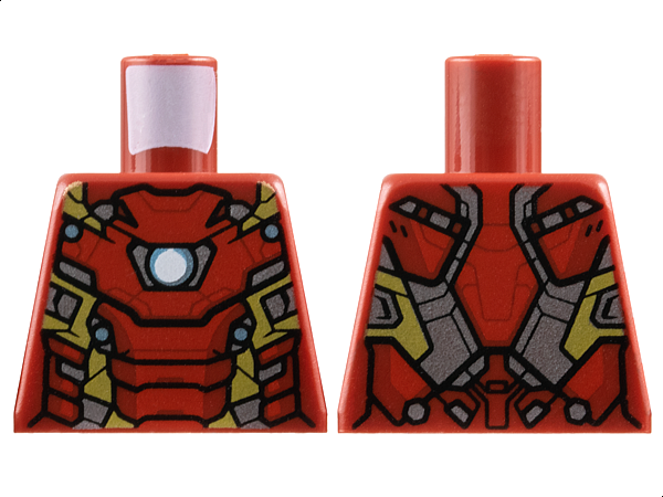 Lego Torso Armor with Metallic Light Blue and White Circle Arc Reactor, Red Panels, Gold and Silver Trim Pattern (Iron Man Mark 46) / Dark Red