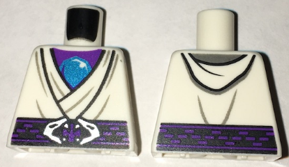Lego Torso Ninjago Tunic with Metallic Light Blue Jewel, Dark Purple Belt with Snake Buckle Front and Back Pattern / White