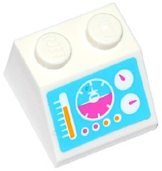 Lego Slope 45 2 x 2 with Airplane Horizon Indicator, White Gauges, Bright Light Orange and Dark Pink Buttons on Medium Azure Background Pattern (Sticker) - Set 41100 / White