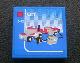 Lego Tile 2 x 2 with Lego Fire Car and 'CITY' and '5-12' Set Box Pattern (Sticker) - Set 3221