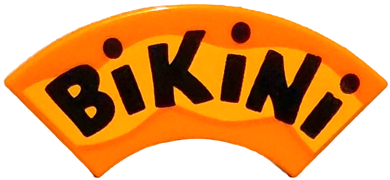 Lego Tile, Round Corner 2 x 2 Macaroni with Black 'BiKiNi' on Bright Light Orange Wave Pattern / Orange