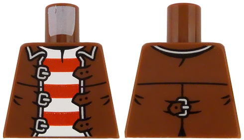 Lego Torso Pirate Vest Open with Silver Trim and 3 Buckles over Shirt with Red and White Horizontal Stripes Pattern / Reddish Brown