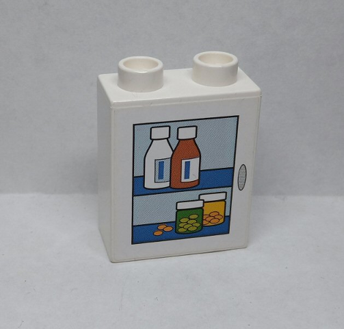 Lego Duplo, Brick 1 x 2 x 2 with Pill Box and Medicine Bottles Pattern (Sticker) - Set 9226 / White