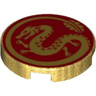 Lego Tile Round 2 x 2 with Golden Dragon on Red Background Print / Pearl Gold