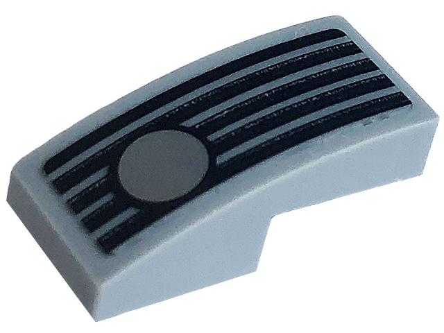 Lego Slope, Curved 2 x 1 x 2/3 with Black Grille and Silver Light Pattern Model Right Side (Sticker) - Set 76903 / Light Bluish Gray