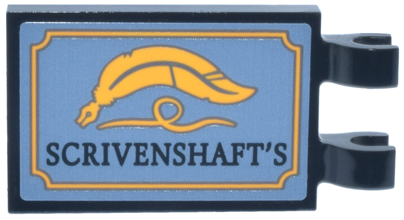 Lego Tile, Modified 2 x 3 with 2 Open O Clips with Sign, Bright Light Orange Quill Feather and 'SCRIVENSHAFT'S' Pattern (Sticker) - Set 76457