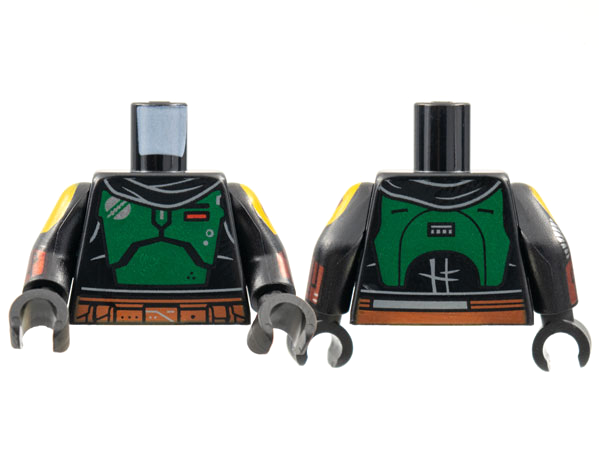 Lego Torso SW Armor, Black Scarf, Green Breastplate, Dark Orange Belt Pattern / Black Arms with Mandalorian Armor Pattern / Black Hands