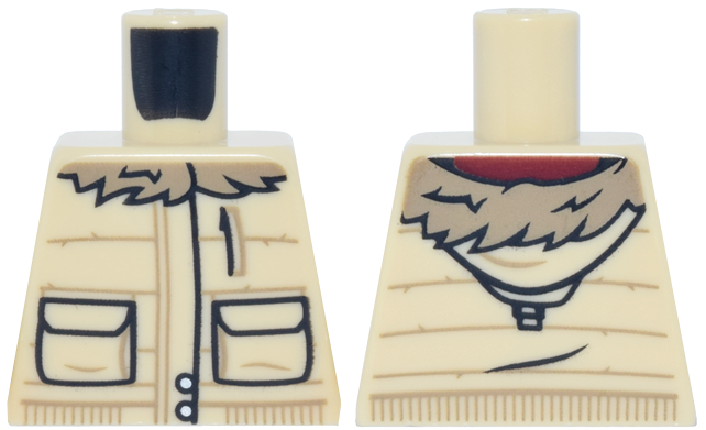 Lego Torso Jacket with Hood, Black Pockets, Silver Buttons, Dark Tan Trim and Fur Collar over Dark Red Shirt Pattern