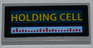 Lego Tile 2 x 4 with Red Bars and Yellow 'HOLDING CELL' on Dark Blue Background Pattern (Sticker) - Set 6860 / Light Bluish Gray