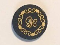 Lego Tile, Round 2 x 2 with Bottom Stud Holder with Cushion with Gold 'GH', Hearts and Swirls on Transparent Background Pattern (Sticker) - Set 41101 / Black