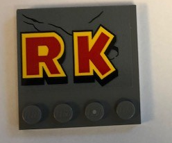 Lego Tile, Modified 4 x 4 with Studs on Edge with 'RK' Pattern (Sticker) - Set 75936 / Dark Bluish Gray